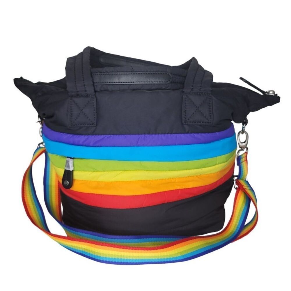 Sondra Roberts squared black rainbow puffer tote bag